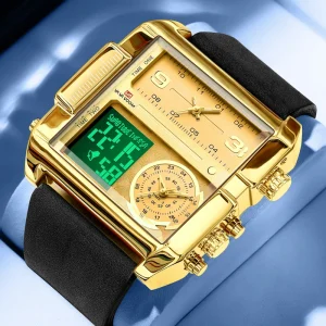 Waterproof Leather Strap Business Fashion Electronic Watch Men Dual Display Wristwatch Digital Clock Watch