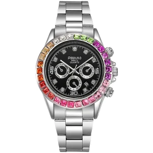 Waterproof Luxury Color Diamond Unisex Imitate Three Eye Steel Band 25mm Calendar Quartz Fashion Watch