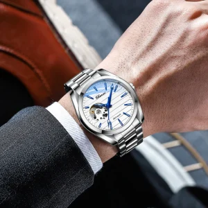 Waterproof Skeleton Automatic Wristwatch with Stainless Steel Strap Men’s Luxury Fashion Business Mechanical Watch