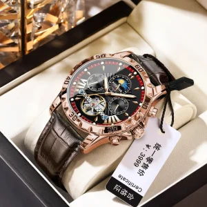 1410 Chronograph Moon Phase Mechanical Men’s Watch Luminous Automatic Leather Strap Waterproof Wristwatches for Men Man