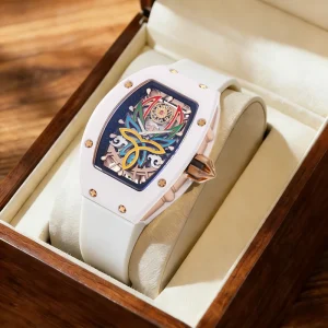 White Ceramic Case Skeleton Watch 31.5X46mm Japan Mechanical Movement Sapphire Crystal 3ATM Waterproof FKM Rubber Strap