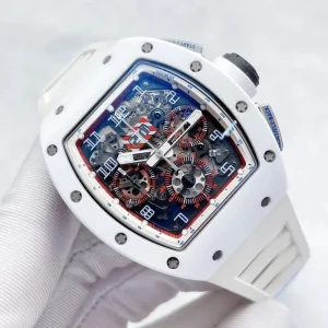 White Tonneau Skeleton Chronograph Men’s Watch Flyback Chronograph Full Skeleton Sports Wristwatch