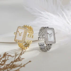 White Watch Zircon Open Rings Copper Gold Plated Chain Square Watch Shape Finger Rings