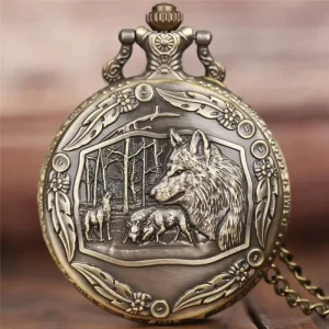 Wild Wolf Vintage Bronze Pocket Watch Men Women Animal Quartz 47mm Necklace Chain Gift
