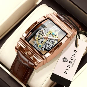 Wine Barrel Shaped Double Sided Skeleton Watch Quartz Metal Pointer Stainless Steel Band Business Casual Waterproof Luminous