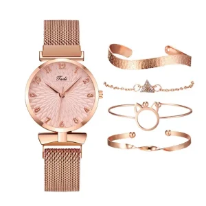Women 5Pcs Gift Sets Luxury Stainless Steel Wristwatches Lady Clock Bracelet Quartz Watches
