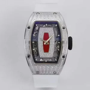 Women Automatic Mechanical Watch Metal Gold Red Snow Setting Diamond Octagon