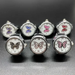 Women Dial Quartz Finger Ring Watch Butterfly Elastic Gift Decorative Jewelry Digital Mini Vintage Clock Ring Watch Gift