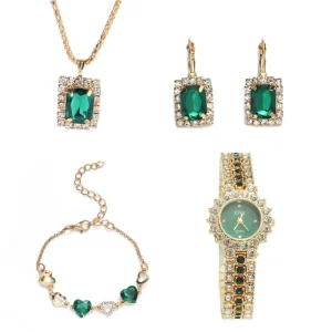 Women Quartz Watch Set Crystal Design Bracelet Necklace Ring Earrings 5pcs Set