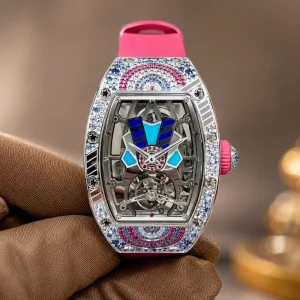 Women Skeleton Watch Colorful Moissanite Bezel Pink Strap Mechanical Wristwatch