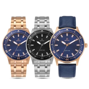 Women Stainless Steel Diver Water Resistant Watch Set with Leather Strap and Pointer Dial Quartz Wrist Watch