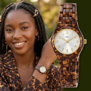 Women Vintage Tortoiseshell Acetate Watch Fashion Round Quartz Wristwatch Luxury Elegant