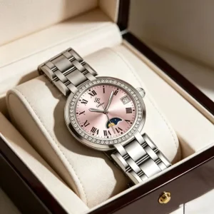 Women Watch Pink Analog Dial Diamond Bezel Date Feature Stainless Steel Strap Office Dating Wear