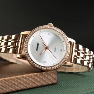 Women’s Alloy Case 3BAR Waterproof Diamond Quartz Analog Watch with Adjustable Stainless Steel Band
