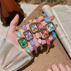 Women’s Alloy Quartz Watch, Colorful Gemstone Decor, Square Dial, Dress Wristwatch
