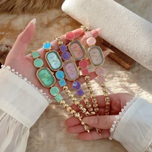 Women’s Alloy Quartz Wristwatch, Colorful Stone Decor, Gold Plated, Dress Watch