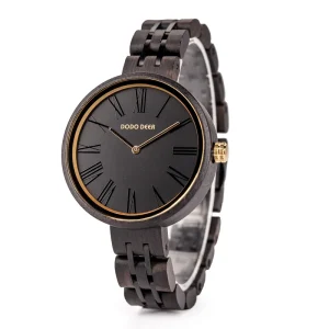 Women’s Antiqued Wood Quartz Dress Watch 37mm Dial Pointer Stainless Steel Fashionable Wrist Watch