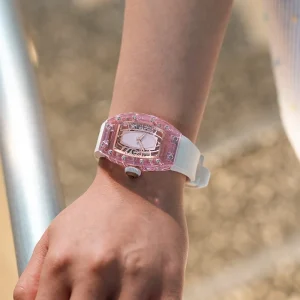 Women’s Automatic Mechanical Watch Crystal Tonneau Case Rubber Band Power Reserve 38 Hours Pink Transparent Case Back