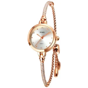 Women’s Bracelet Style Quartz Watch Rose Gold Tone Crystal Inlay Adjustable Sliding Bolo Clasp