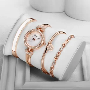 Women’s Bracelet Watch Set Waterproof Quartz Watch with Diamond Jewelry 4 Pieces Set