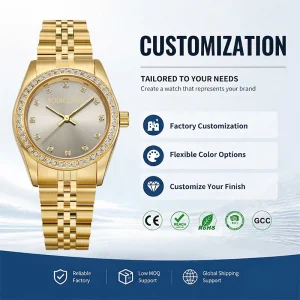 Women’s Business Watch Crystal Bezel Stainless Steel Band Custom Logo Manufacturer OEM Wristwatch
