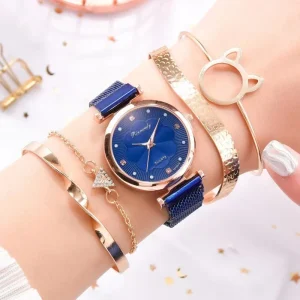 Women’s Casual Quartz Watch Set with Lazy Magnet Strap Diamond Flower Lettering Band and Gift Box