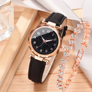 Women’s Casual Simple Belt Wristwatch Quartz Watch Bracelet Set with Alloy Case and Leather Band Fashionable Export Trend
