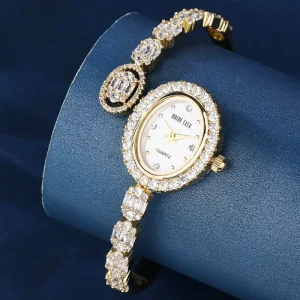 Women’s Classic Luxury Quartz Watch Simple Stylish Zircon Design White Gold Beijing Pointer Waterproof for Daily Wear