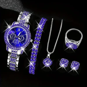 Women’s Cornucopia Quartz Watch Set Roman Pattern Watch with Full Diamond Bracelet Necklace Box Packaging