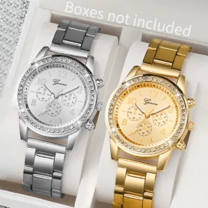 Women’s Diamond-Encrusted Gold Silver Watch Set Steel Strap Quartz Movement