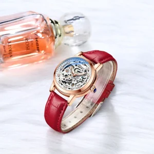 Women’s Diamond studded Hollow Mechanical Watch with Leather Strap Automatic Wristwatch