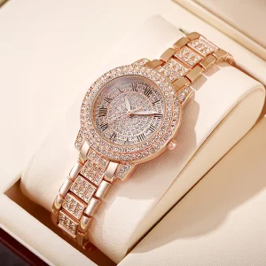 Women’s Eco Friendly Alloy Electronic Watch Rose Gold Roman Pattern Full Diamond Quartz Movement Student Style