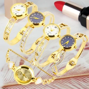 Women’s Electronic Quartz Watch, Hollow Rose Roman Numerals, 18K Gold Stainless Steel Bracelet Watch