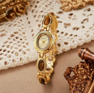 Women’s Elegant Green & Golden Tone Quartz Watch, Natural East Asian Stone Accent, Luxury Brown Dial, Golden Tone Case, N2605130