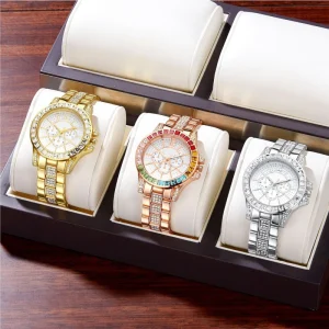 Women’s European American Fashion Large Dial Color Diamond Decorated Three Eye Watch Quartz Movement