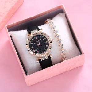 Women’s Exquisite Diamond Quartz Watch with Full Diamond Bracelet New Starry Sky Roman Face Casual Watch for Women