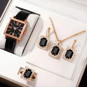 Women’s Fashion Quartz Watch With Square Gemstone Bracelet Jewelry Ring Earring Lady Fashion Set