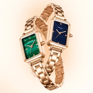Women’s Fashion Square Ladies Quartz Watch Bracelet Set Green or Blue Dial Rose Gold Stainless Steel Watch