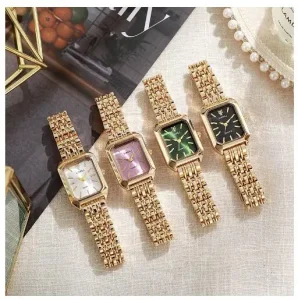 Women’s Fashion Square Quartz Watch, Bracelet Set, Green Dial, Rose Gold Steel