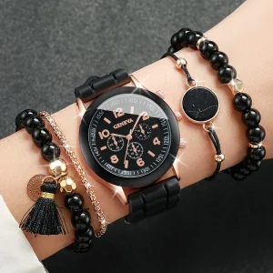 Women’s Fashion Watch Simple Versatile Decorative Silicone Quartz 5pcs/set Boutique Gift Watch Set