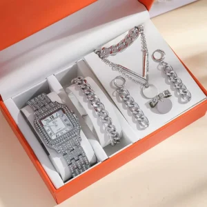 Women’s Fashionable Diamond studded Steel Bracelet Watch Set Quartz Watch Package 5 Pieces Per Set