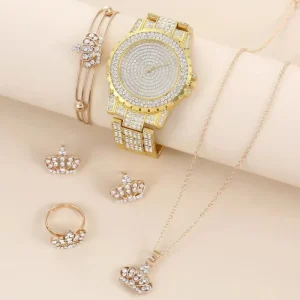 Women’s Full Diamond-Studded Crown Wristwatch Versatile Quartz Watch Stainless Steel Five-Piece Gift Set