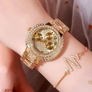 Women’s Gold Quartz Watch with Three Eyes Waterproof Wrist Watch