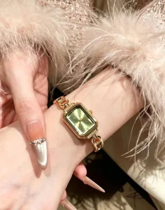 Women’s Gold Square Watch Olive Green Dial Bracelet Style Elegant Quartz Wrist Watch