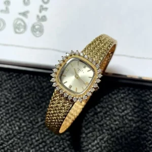 Women’s Gold Wristwatch with Diamond Embellished, Quartz Movement, Stainless Steel, Square, Brass Pointer