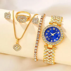 Women’s High Sensitivity Rhinestone Jewelry Earrings Necklace Ring Set New Alloy Case Glass Quartz Watch Set for Ladies