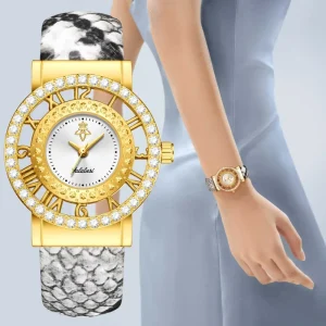 Women’s Hollow Dial Quartz Watch Snake-Pattern Alloy Strap Diamond-Accent Bracelet Style Waterproof Analog Timepiece