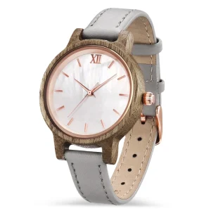 Women’s Leather Strap Koa Wood Watch Mother of Pearl Wristwatch for Women Anniversary Wood Gift for Girl Student