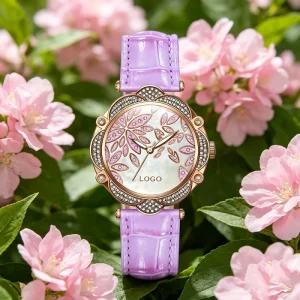 Women’s Luxury Dress Watch MOP Glitter Leaf Dial Analog Miyota Diamond Setting Stainless Steel Case Calfskin Strap Waterproof