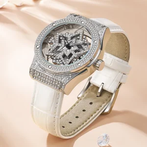 Women’s Luxury Quartz Watch Diamond-encrusted 47mm Genuine Leather Strap